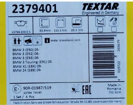 Textar Front Brake Pad Set - E90, E91, E92, Z4 by JBH AUTO PARTS
