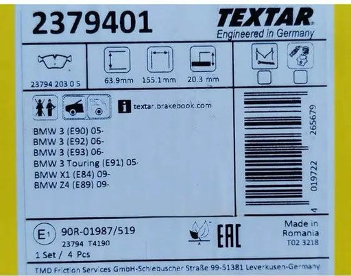 Textar Front Brake Pad Set - E90, E91, E92, Z4 by JBH AUTO PARTS