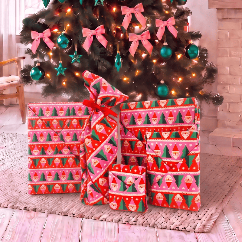 Waste Free Celebrations Furoshiki Wrapping Cloths Feliz Navidad Papá Noel - 4 Furoshiki Gift Wraps Feliz Navidad Papá Noel - 4 Furoshiki Gift Wraps
