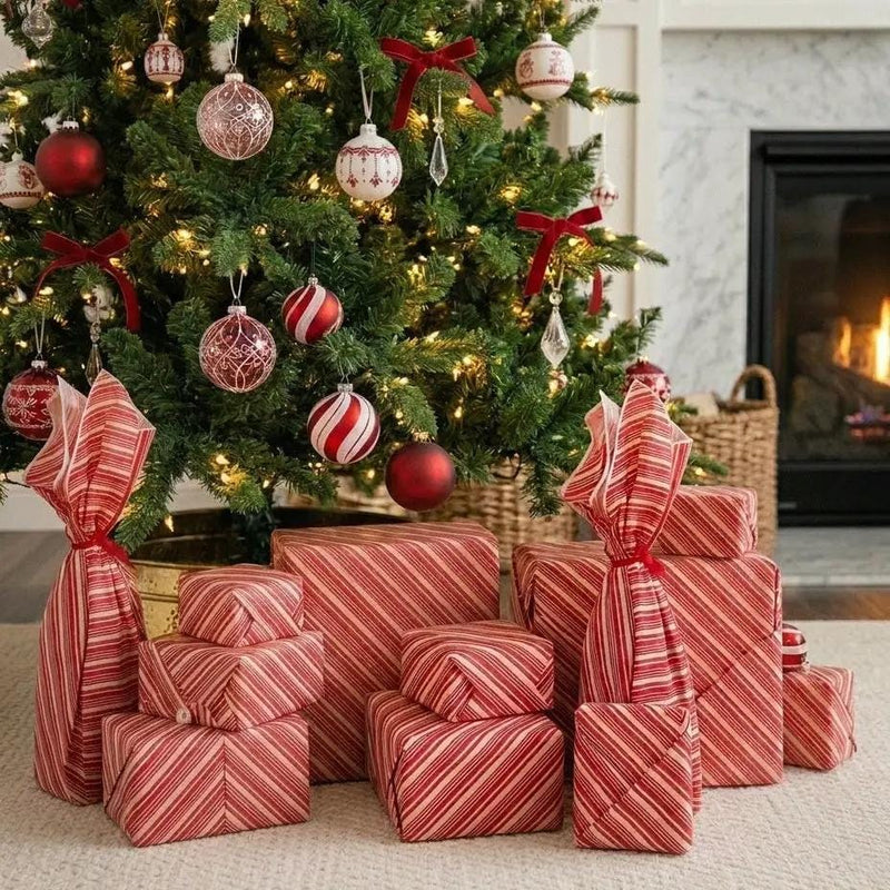 Waste Free Celebrations Furoshiki Wrapping Cloths Candy Cane - 4 Furoshiki Gift Wraps Candy Cane - 4 Furoshiki Gift Wraps