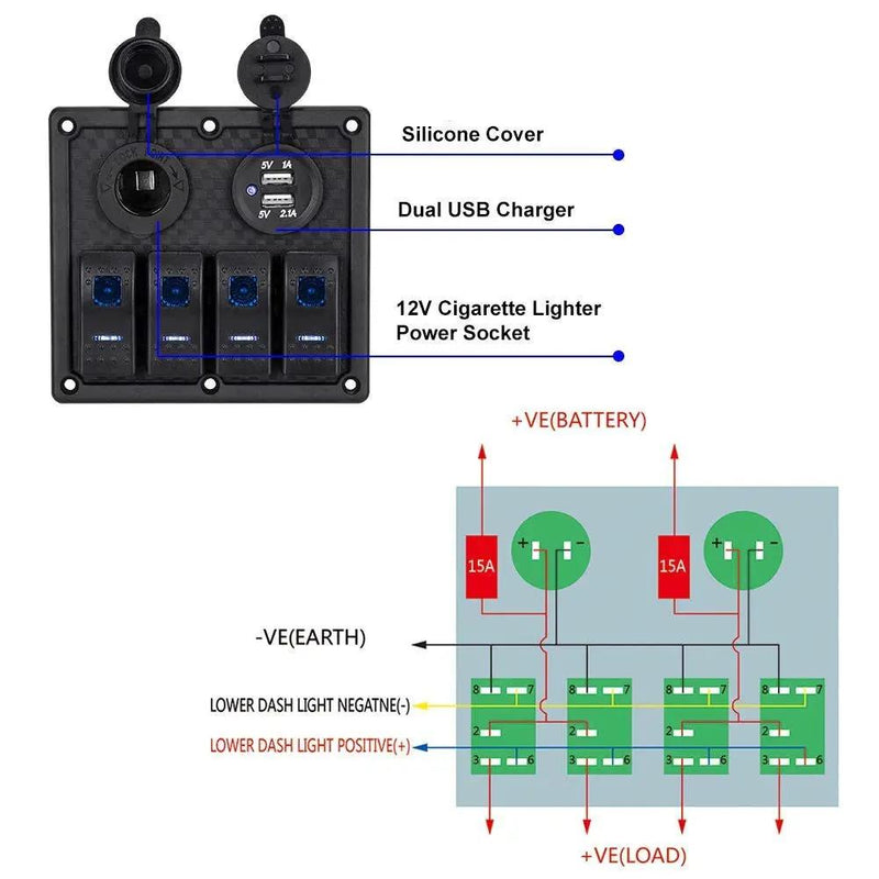 4 Gang LED Rocker Switch Panel Circuit Breakers Charger Car 12V 24V by salelink.co.nz