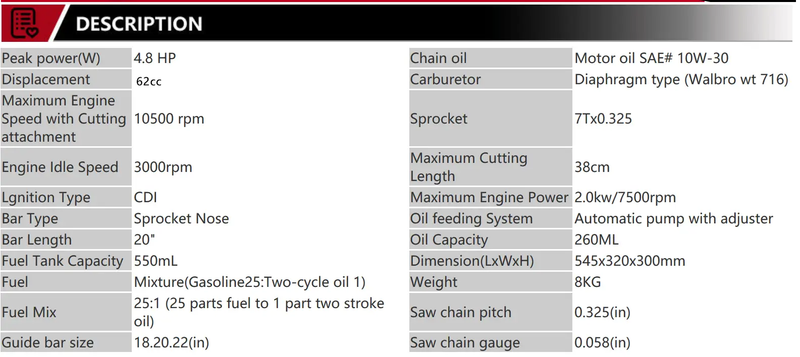 X-BULL 62cc Petrol Chainsaw 20"Bar E-Start Pruning Red Chain Saw 2 Stroke by salelink.co.nz