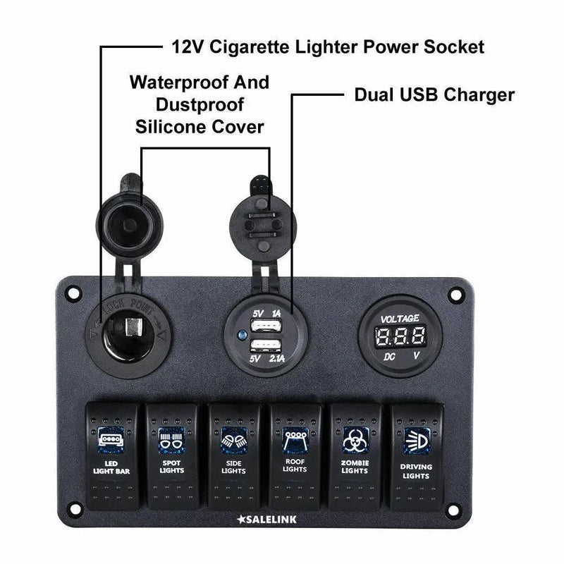 6 Gang LED Rocker Switch Panel Circuit Breakers Charger 12V USB by salelink.co.nz