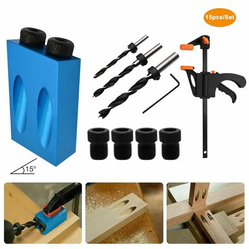 15pcs Pocket Hole Jig Kit Woodworking Guide Oblique Drill Angle Hole Locator by salelink.co.nz