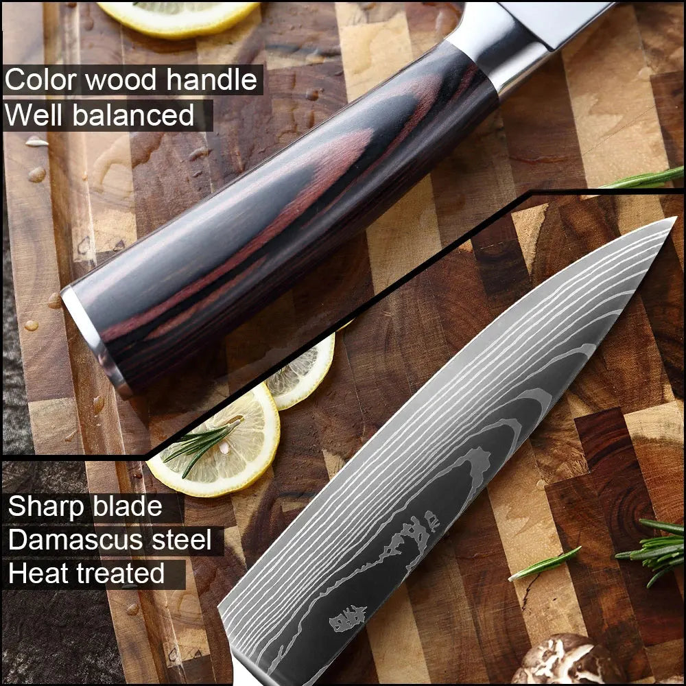 XITUO Kitchen Knife Set Meat Cleaver Chef Knives Stainless Steel Santoku Fruit Vegetable Knife Damascus Pattern Cooking Cutter - Action Outdoors Kiwi