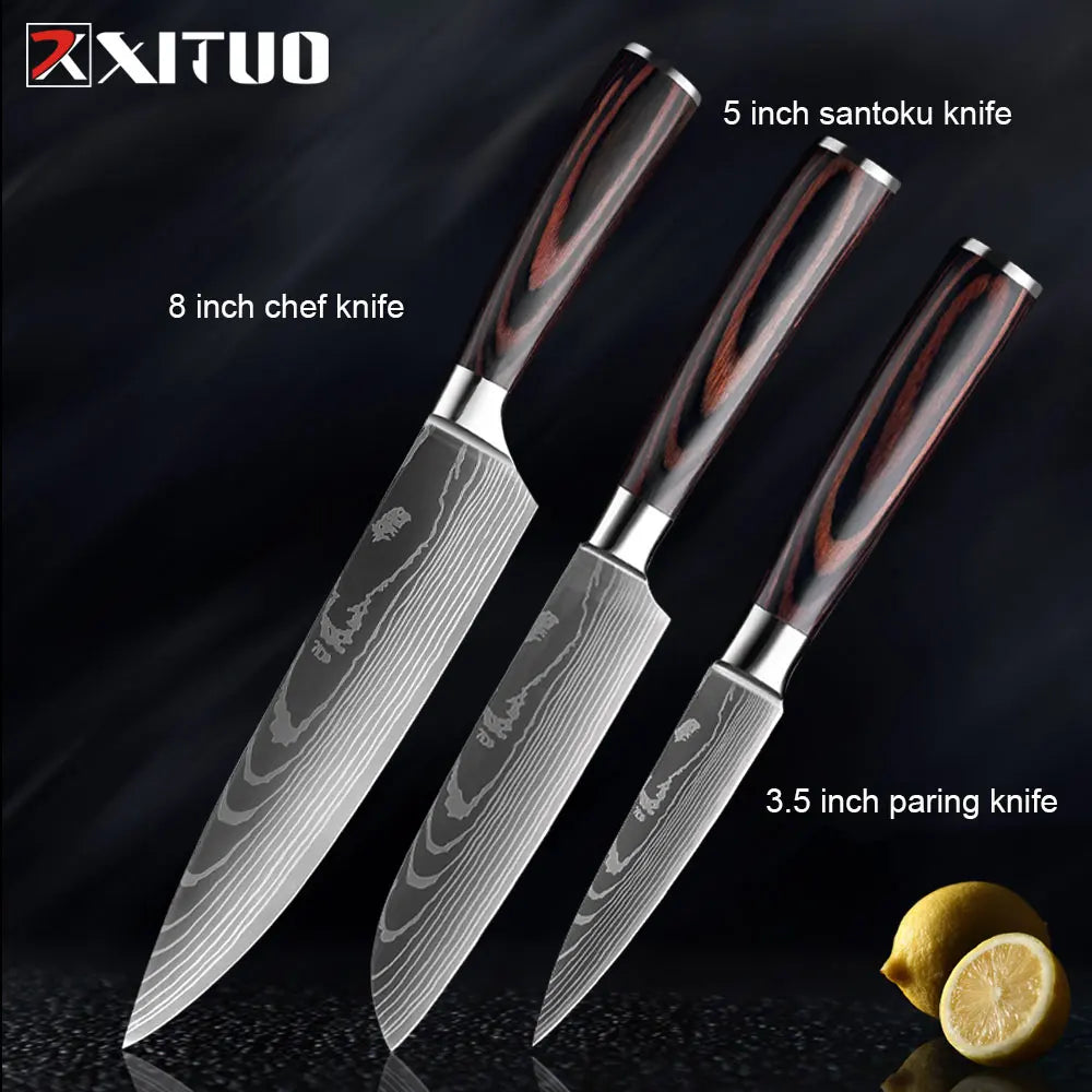 XITUO Kitchen Knife Set Meat Cleaver Chef Knives Stainless Steel Santoku Fruit Vegetable Knife Damascus Pattern Cooking Cutter - Action Outdoors Kiwi