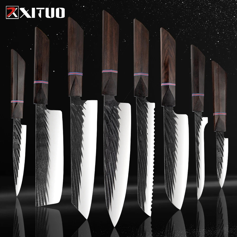 XITUO High Carbon Kitchen Knives Handmade Forged Japanese Sharp Chef Knife Set Cleaver Kiritsuke Santoku Utility Paring Knife - Action Outdoors Kiwi