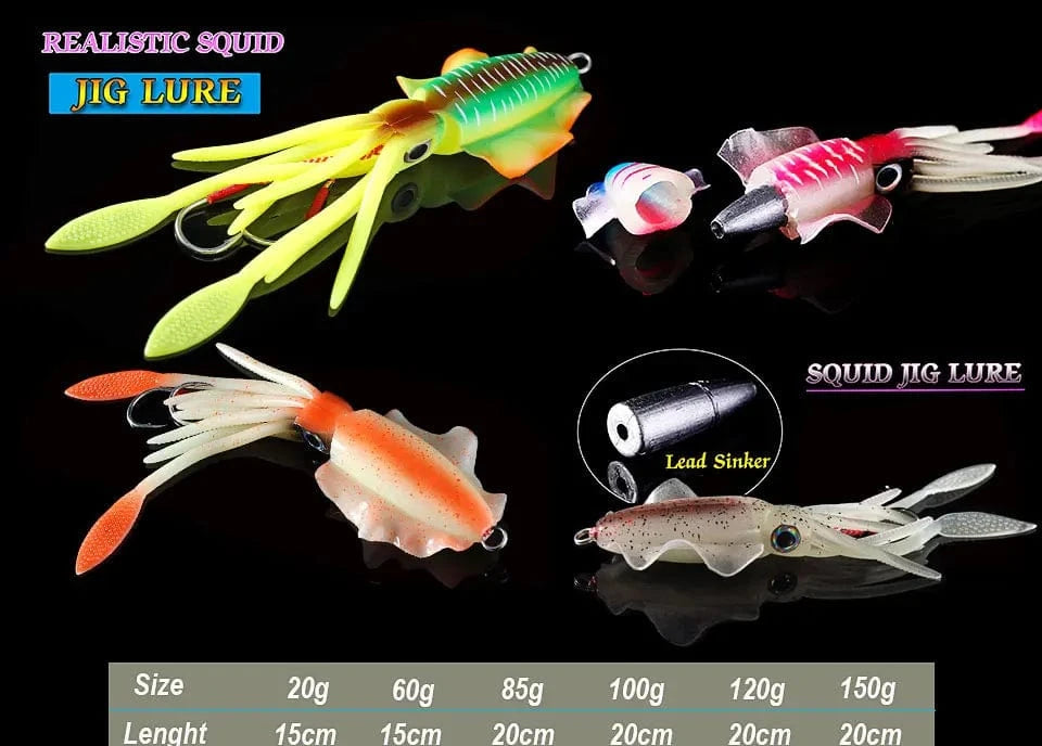 SUNMILE Fishing Soft Squid Lure 20g/60g/80g/100g/120g/150g Luminous/UV Squid Jig Fishing Lures For Sea Fishing Wobbler Bait - Action Outdoors Kiwi