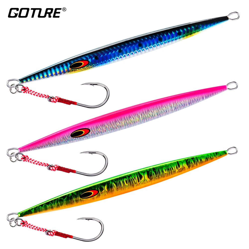 Goture 3pcs/lot Saltwater Speed Pitch Jigging Fishing Lure 80g 100g 150g 200g 250g 300g 350g Luminous Metal Jig Spoon 3 Colors - Action Outdoors Kiwi