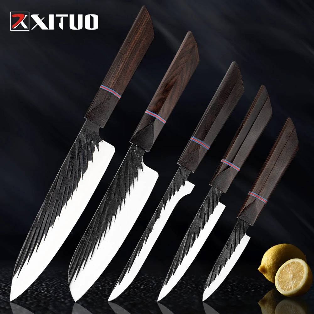 XITUO High Carbon Kitchen Knives Handmade Forged Japanese Sharp Chef Knife Set Cleaver Kiritsuke Santoku Utility Paring Knife - Action Outdoors Kiwi