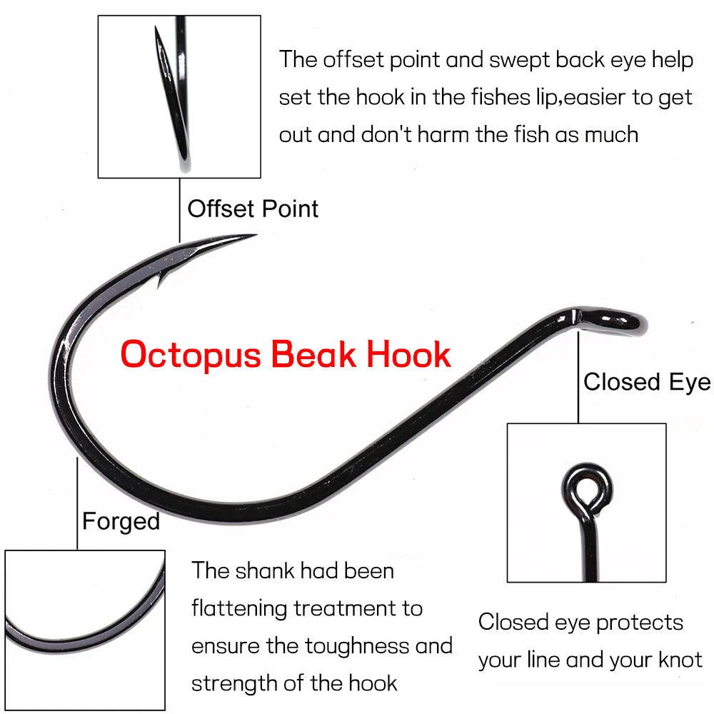 Bimoo 20pcs Offset Octopus Beak Hook High Carbon Steel Black Nickel Sea Fishing Hook 4/0 5/0 6/0 7/0 8/0 - Action Outdoors Kiwi