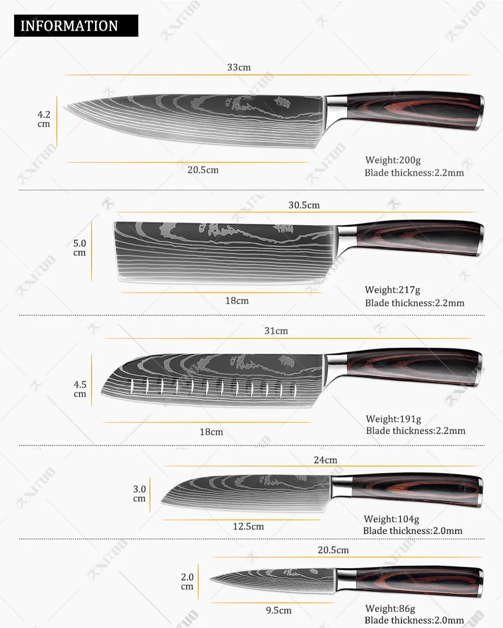 XITUO Kitchen Knife Set Meat Cleaver Chef Knives Stainless Steel Santoku Fruit Vegetable Knife Damascus Pattern Cooking Cutter - Action Outdoors Kiwi