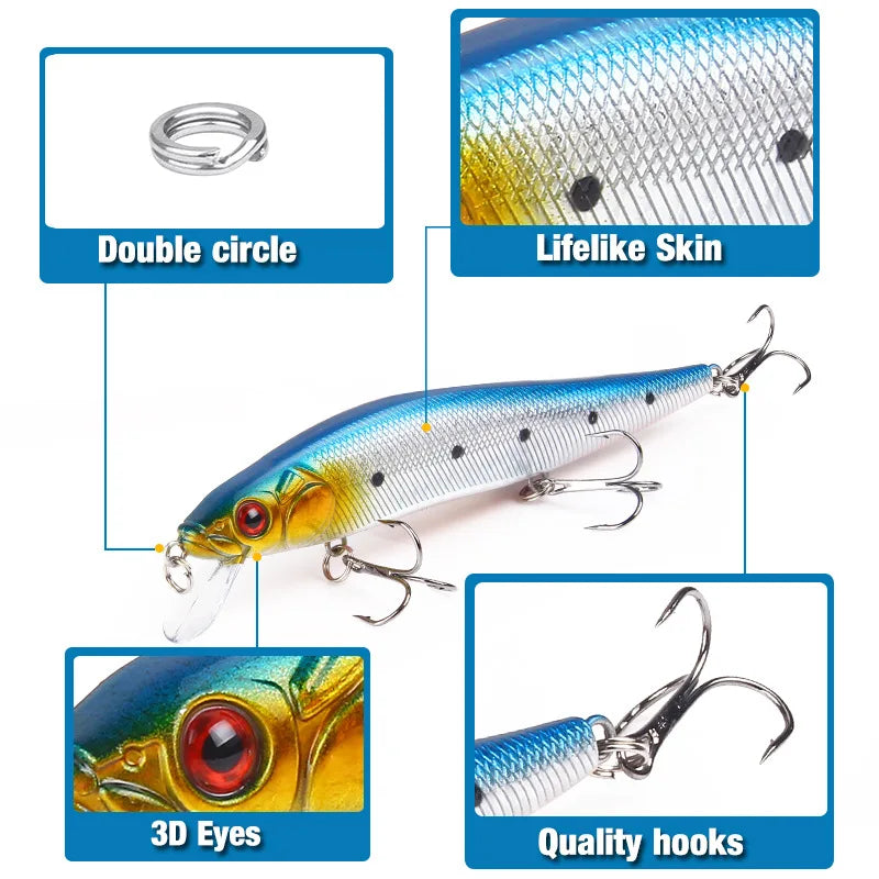 Aorace 1Pcs 14cm 21g Topwater wobbler 3D Eyes Fishing Lure Minnow Hard Bait 3 fish Hooks Crankbait Floating Fishing Tackle - Action Outdoors Kiwi