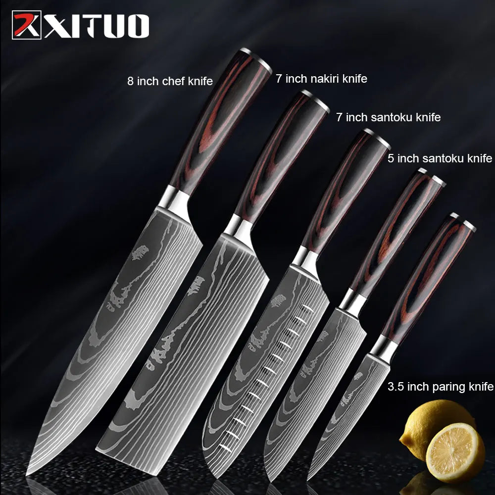 XITUO Kitchen Knife Set Meat Cleaver Chef Knives Stainless Steel Santoku Fruit Vegetable Knife Damascus Pattern Cooking Cutter - Action Outdoors Kiwi