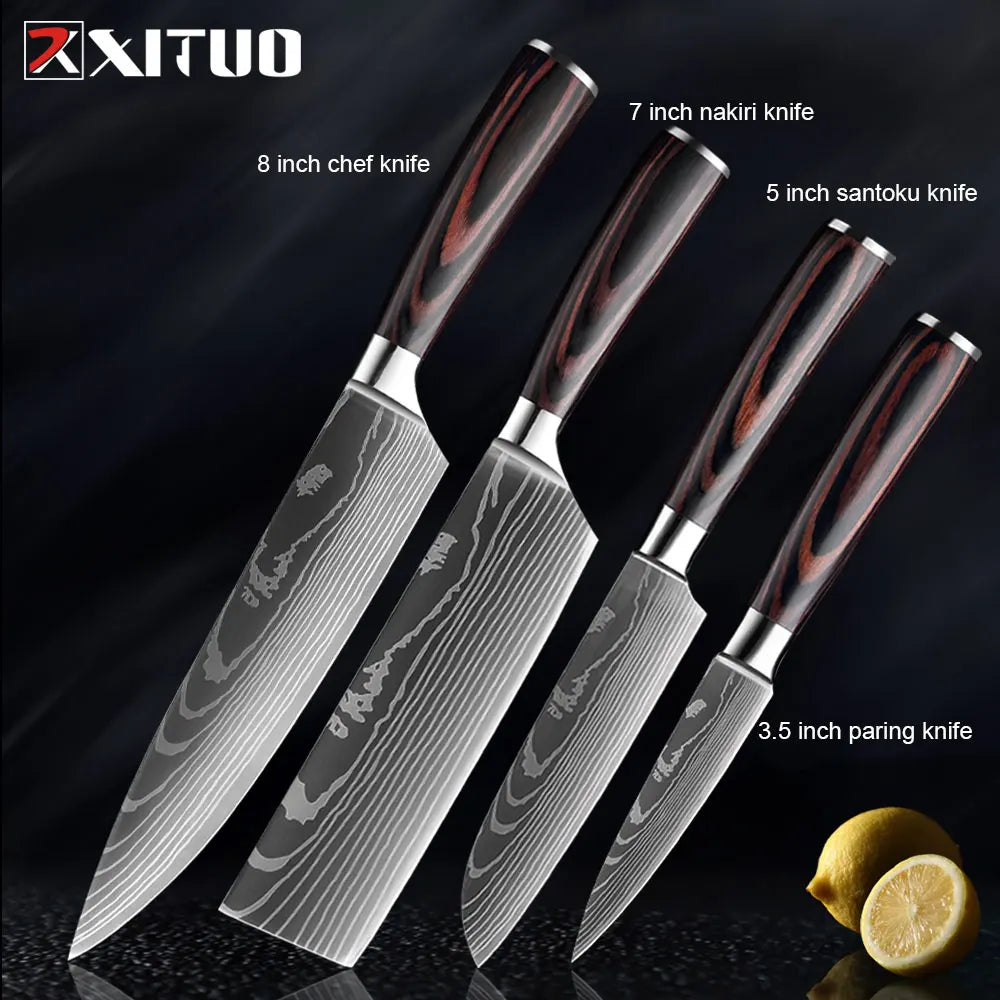 XITUO Kitchen Knife Set Meat Cleaver Chef Knives Stainless Steel Santoku Fruit Vegetable Knife Damascus Pattern Cooking Cutter - Action Outdoors Kiwi