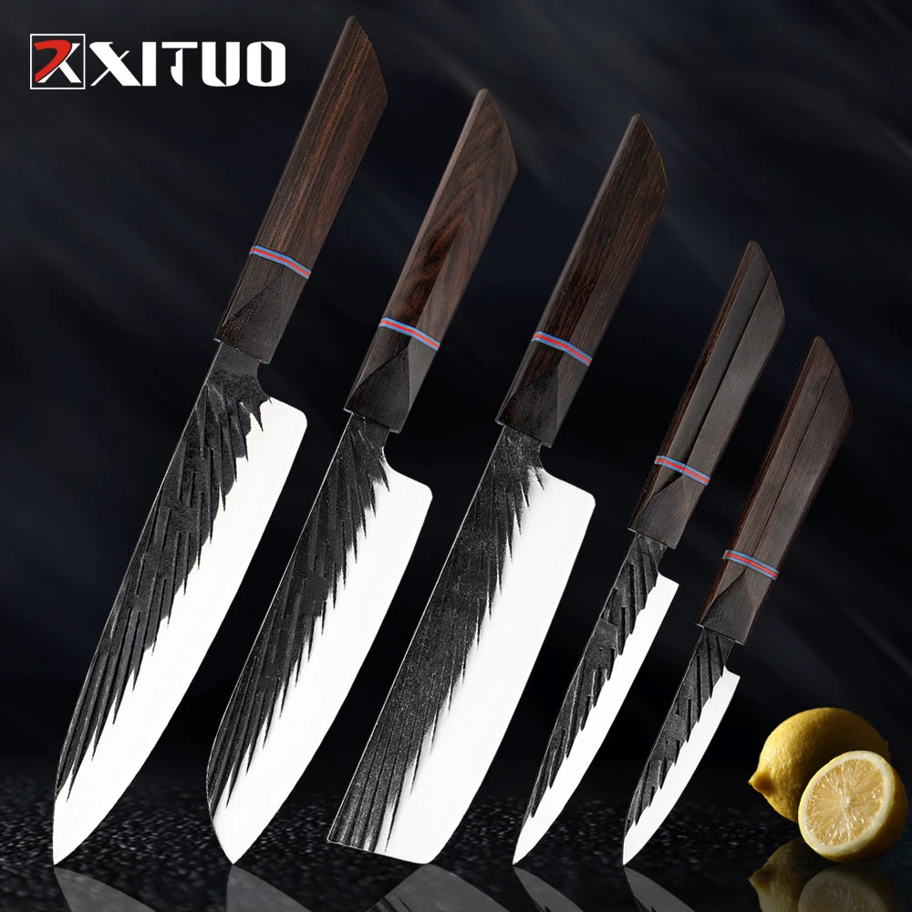 XITUO High Carbon Kitchen Knives Handmade Forged Japanese Sharp Chef Knife Set Cleaver Kiritsuke Santoku Utility Paring Knife - Action Outdoors Kiwi