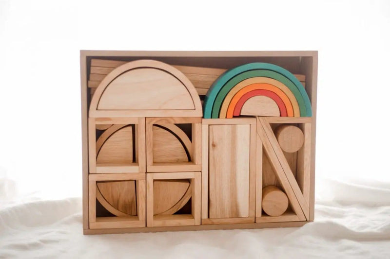 Hollow Wooden Blocks and Rainbow 40 pc Set - QToys | Wooden Toy NZ by Curious Moonbeam
