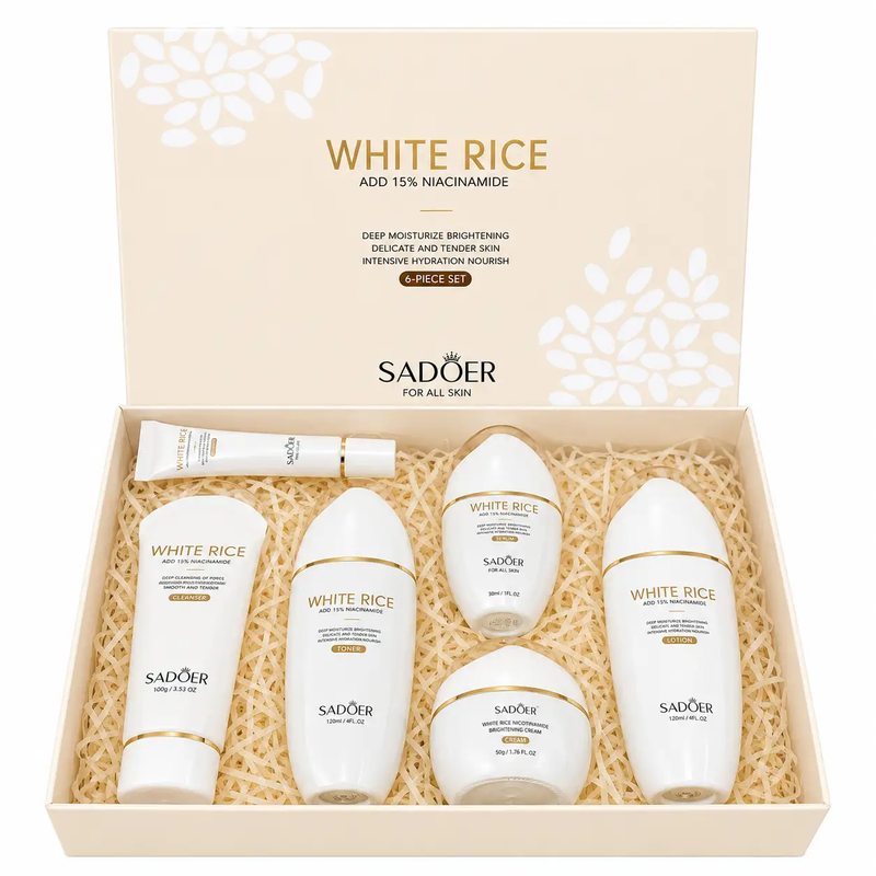 SADOER Rice Niacinamide Skincare Set - 6 Piece Firming Skincare Kit by Poppy Gifts