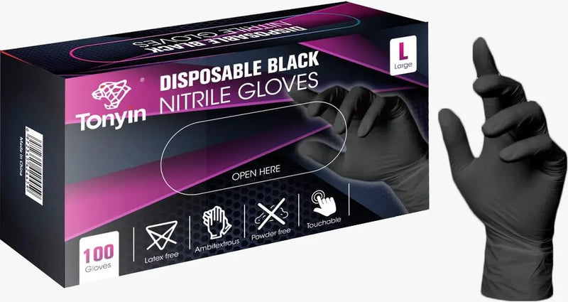 TONYIN DISPOSABLE BLACK NITRILE GLOVES ( L SIZE ) by Racing Pro NZ Ltd