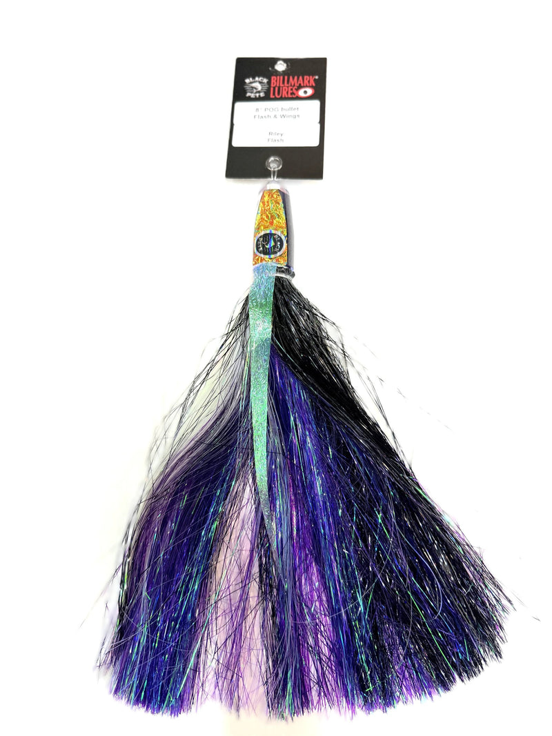 Colorful fishing lure with a brand label on a white background