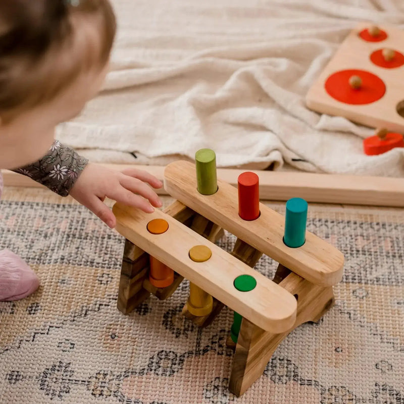 Wooden Pound A Peg Bench - QToys | Montessori Wooden Toy NZ by Curious Moonbeam