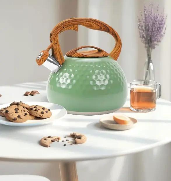 g8buynz g8buynz 3L Whistling Stainless Steel Diamond Pattern Tea Kettle with Wood Grain Handle Black 3L Whistling Stainless Steel Diamond Pattern Tea Kettle with Wood Grain Handle Black