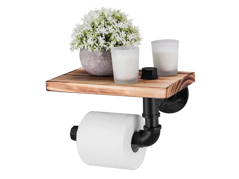 Industrial Toilet Paper Holder with Rustic Wooden Shelf by Loveliving
