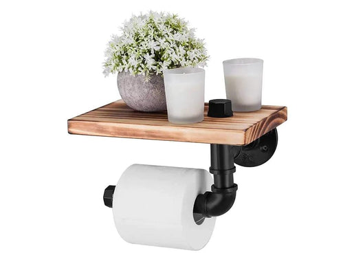 Industrial Toilet Paper Holder with Rustic Wooden Shelf – view 1