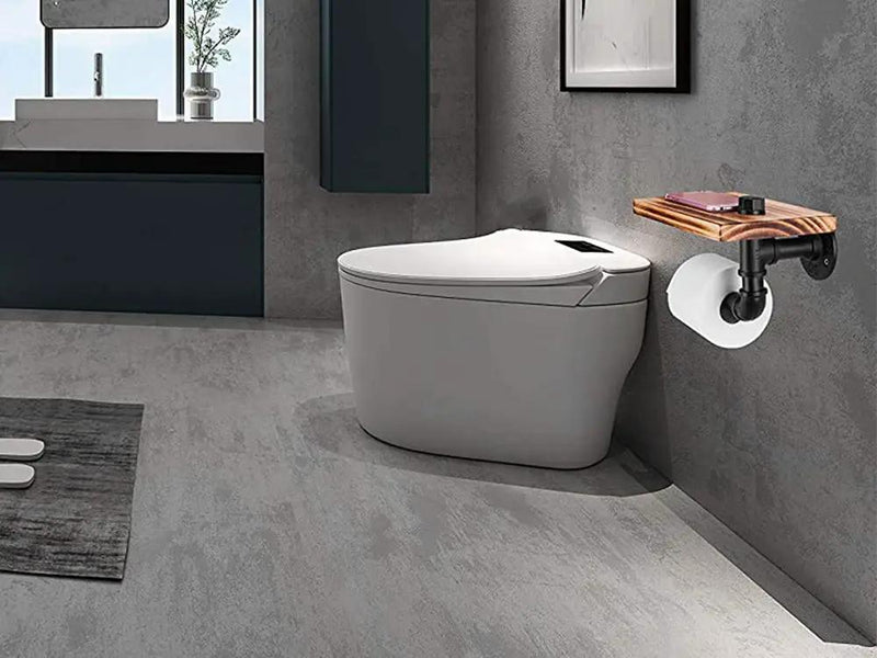 Industrial Toilet Paper Holder with Rustic Wooden Shelf by Loveliving