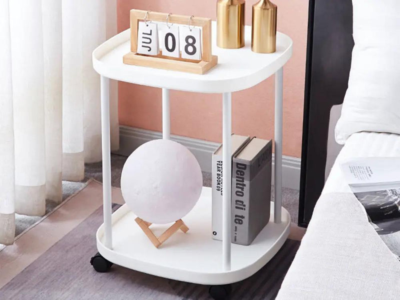 2-Tier Side Table with Wheels-White by Loveliving
