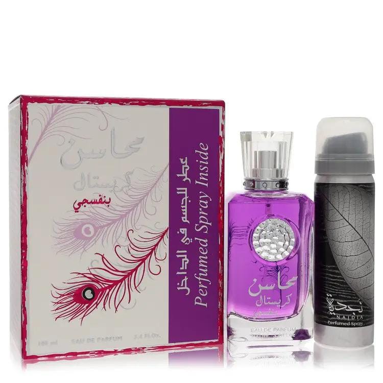 Brands HD Eau De Parfum Spray with 1.7 oz Deodorant Spray Lattafa Mahasin Crystal Violet Eau De Parfum Spray with 1.7 oz Deodorant Spray by Lattafa 100 ml Lattafa Mahasin Crystal Violet Eau De Parfum Spray with 1.7 oz Deodorant Spray by Lattafa 100 ml