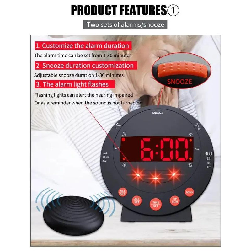 LED Flashing Vibrating Alarm Clock with Bed Shaker (Clearance) by Deafquip