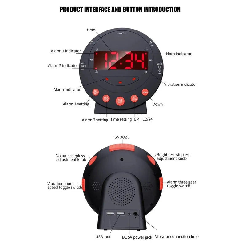 LED Flashing Vibrating Alarm Clock with Bed Shaker (Clearance) by Deafquip