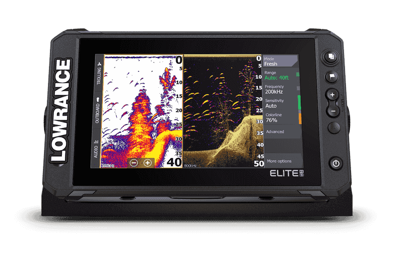 Lowrance Elite FS 9 Active Imaging transducer display showing fishfinding capabilities and sonar technology