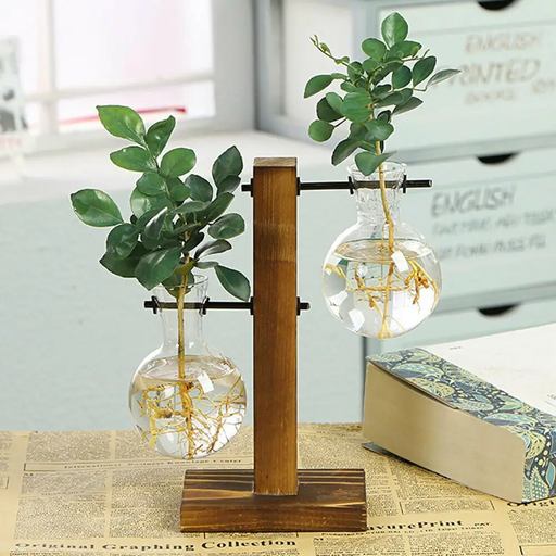 Hydroponic Vase Wooden Stand Glass Bulb Plants Container by salelink.co.nz