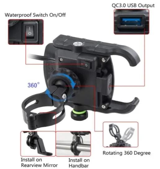 g8buynz Motorcycle Phone Mount Charger USB 3.0 Socket Handlebar/ Rear-View Mirror Motorcycle Phone Mount Charger USB 3.0 Socket Handlebar/ Rear-View Mirror