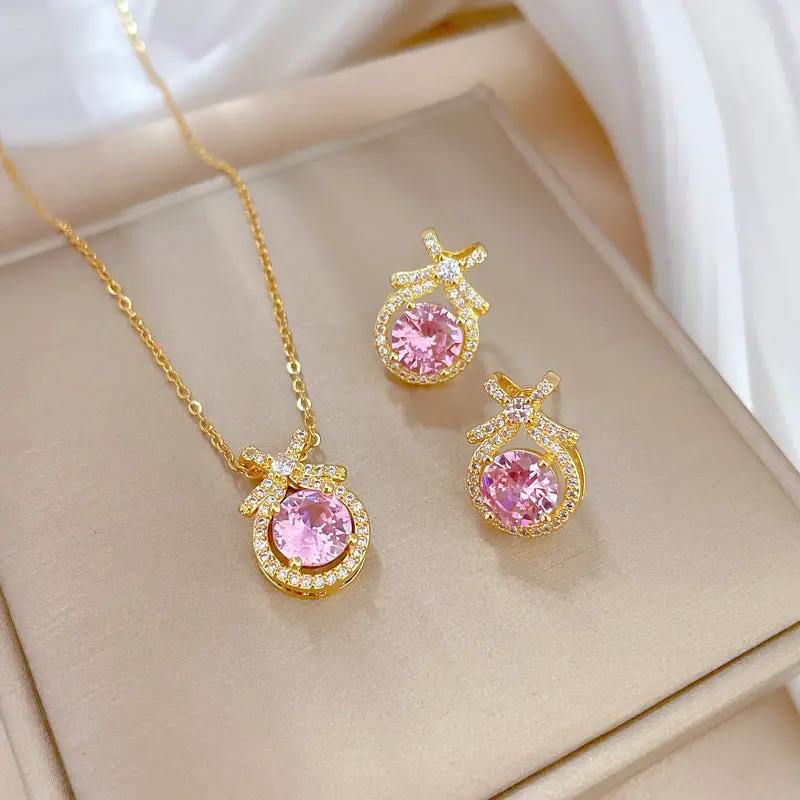 Rosabelle Pink Crystal Gold Necklace & Earrings Set by Poppy Gifts