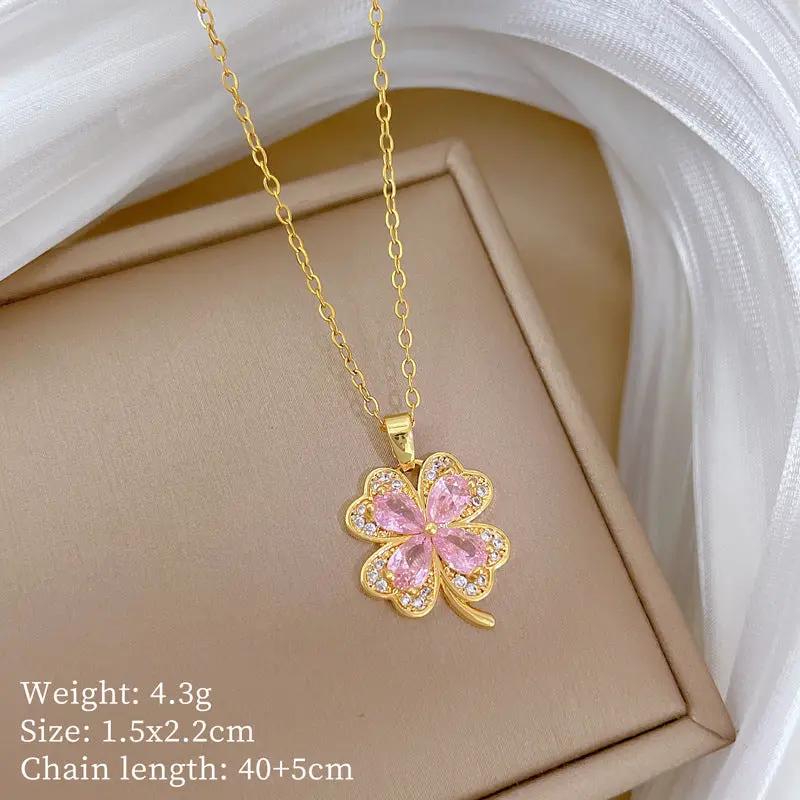 Sakura Clover Gold Crystal Necklace by Poppy Gifts