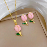 Blush Tulip Gold Necklace & Earrings Set by Poppy Gifts