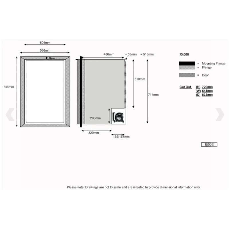 Dimensions and specifications for Novakool 122L Fridge freezer NCR4500, including cut out and mounting flange details.