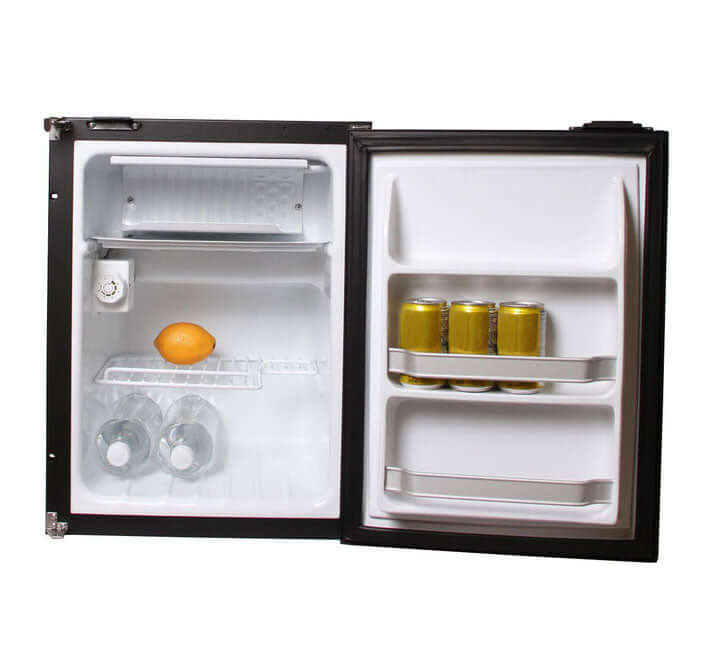 Interior view of 12volt Fridge Freezer 36 litre showcasing storage with drinks, lemon, and space for food items.