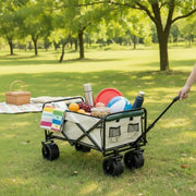 Foldable Outdoor Trolley Picnic Camping Cart 360° Rotating Wheels - Beige&Green by dealonline.co.nz