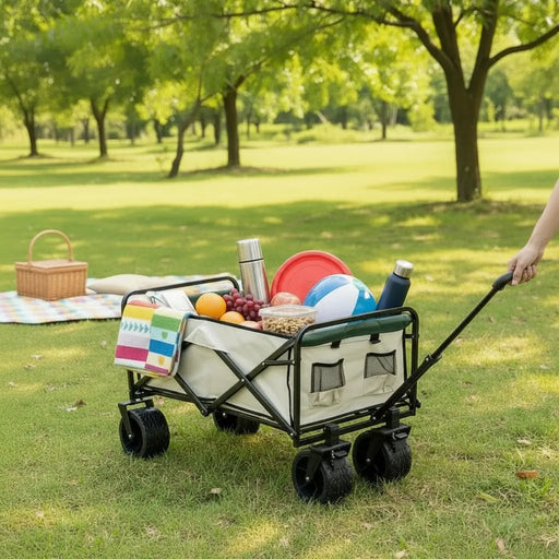 Foldable Outdoor Trolley Picnic Camping Cart 360° Rotating Wheels - Beige&Green by dealonline.co.nz