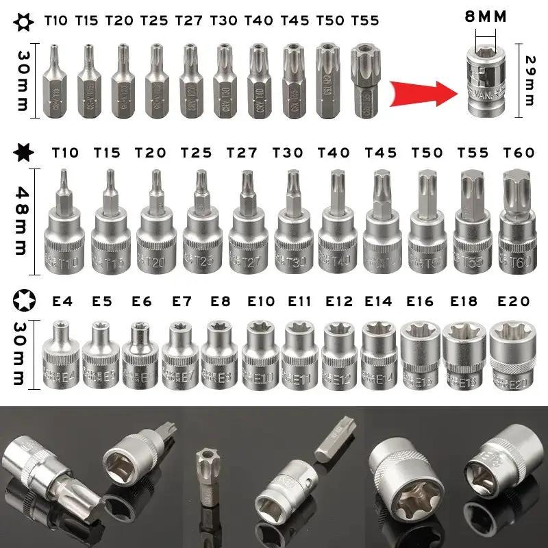 34X E Torx Socket Set Female Start Bit External Hex Torque Tool Garage Car 3/8" by salelink.co.nz