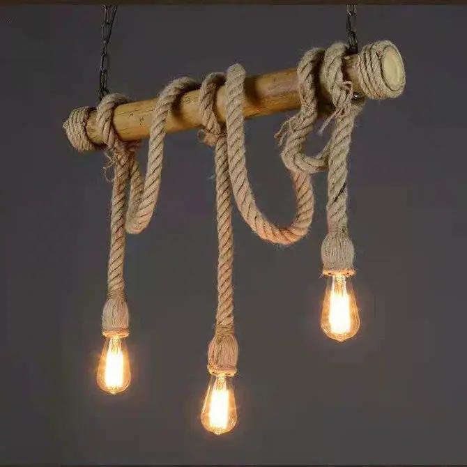 Natural Bamboo Rope Pendant Light Three Heads E27 Bulbs Not Included