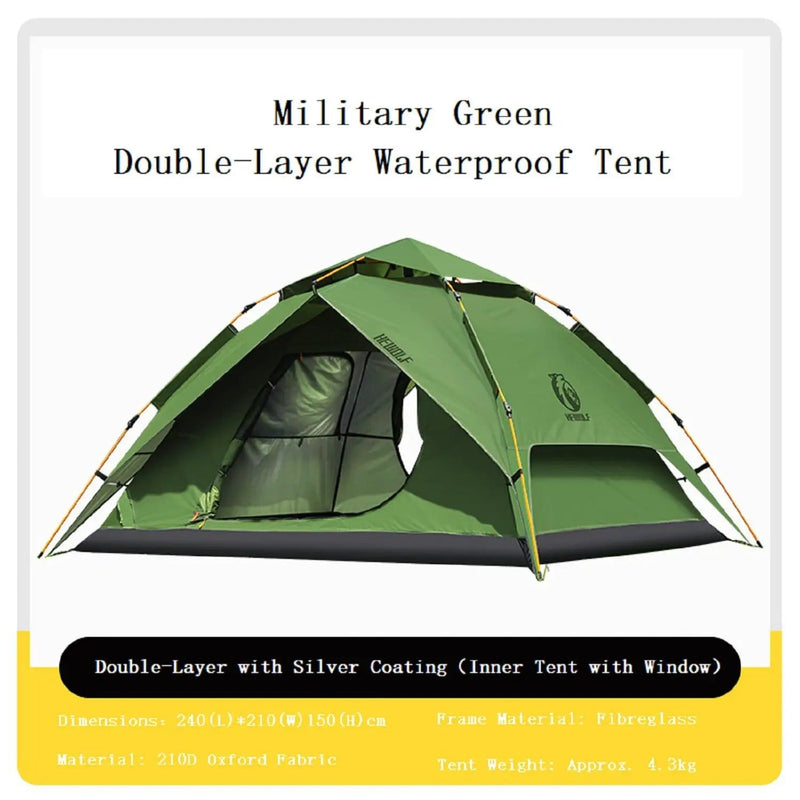 Instant Pop-Up Double-Layer Waterproof Camping Tent – Military Green DYLF74226 by ECOTREK