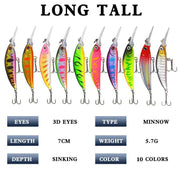 10 Pack Fishing Lures Hard Baits, 3D Eyes Minnow Fishing Lures 7cm 6g by dealonline.co.nz
