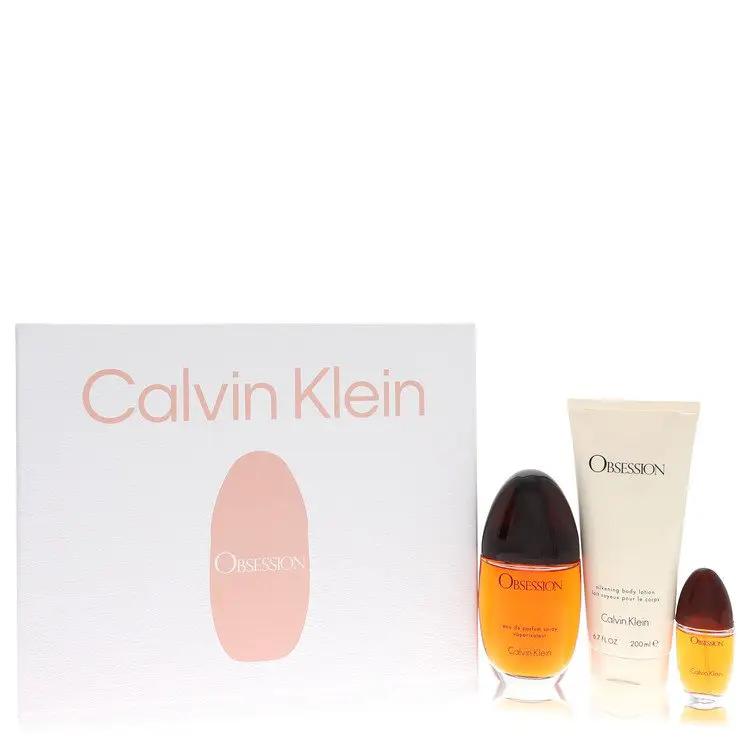 Obsession Gift Set - 3.4 oz Eau De Parfum Spray + 6.7 oz Body Lotion + .5 oz Mini EDP Spray by Calvin Klein -- by Brands HD