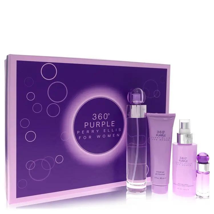 Perry Ellis 360 Purple Gift Set - 3.4 oz Eau De Parfum Spray + .25 oz Mini EDP Spray + 4 oz Body Mist Spray + 3 oz Shower Gel by Perry Ellis -- by Brands HD