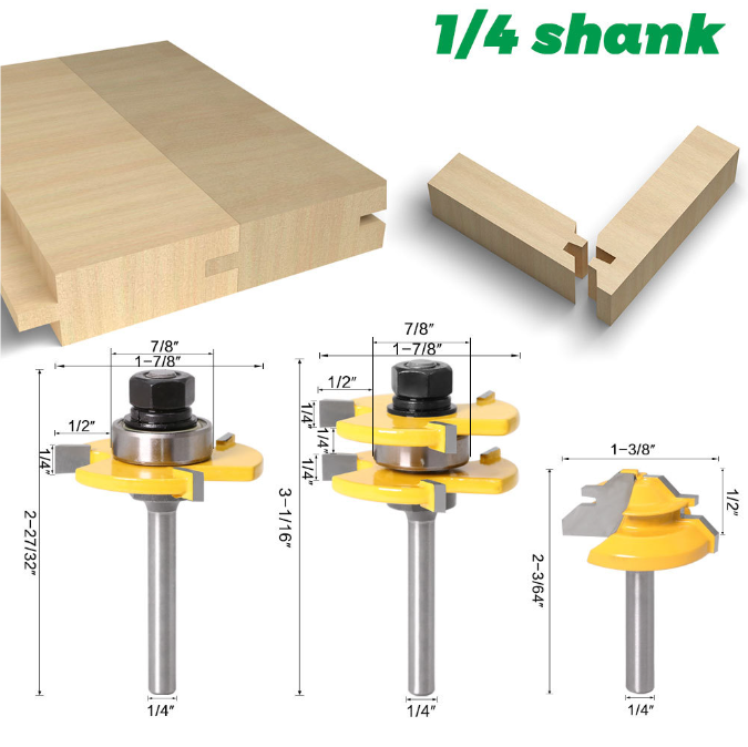 Tongue and Groove Router Bit Set 1/4'' Shank T-type Woodwork Milling Cutter 3pcs by salelink.co.nz